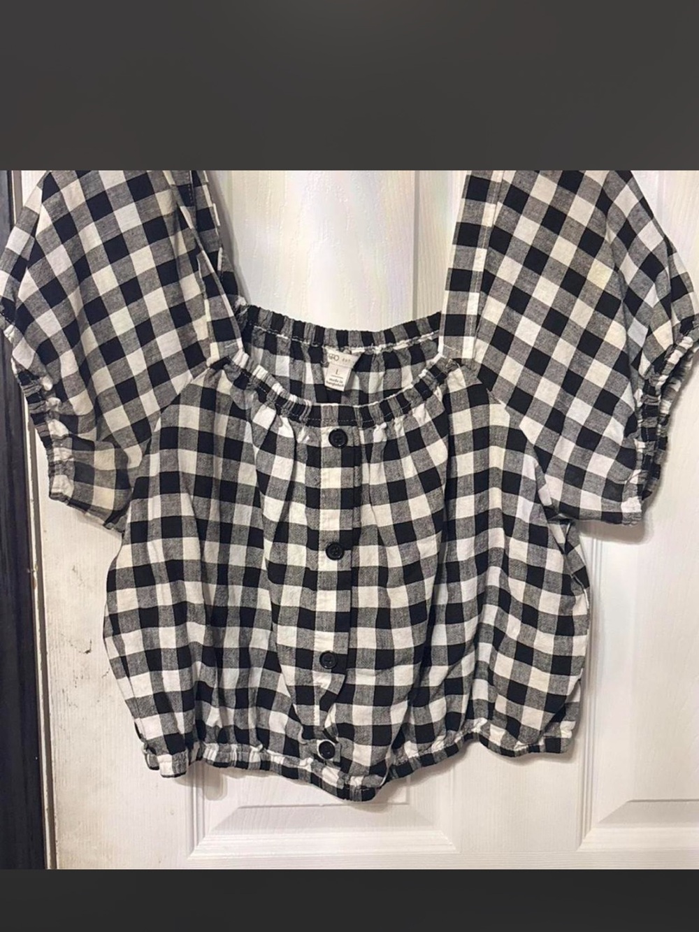 Cato Black and White Gingham Puff-Sleeve Button-Front Top